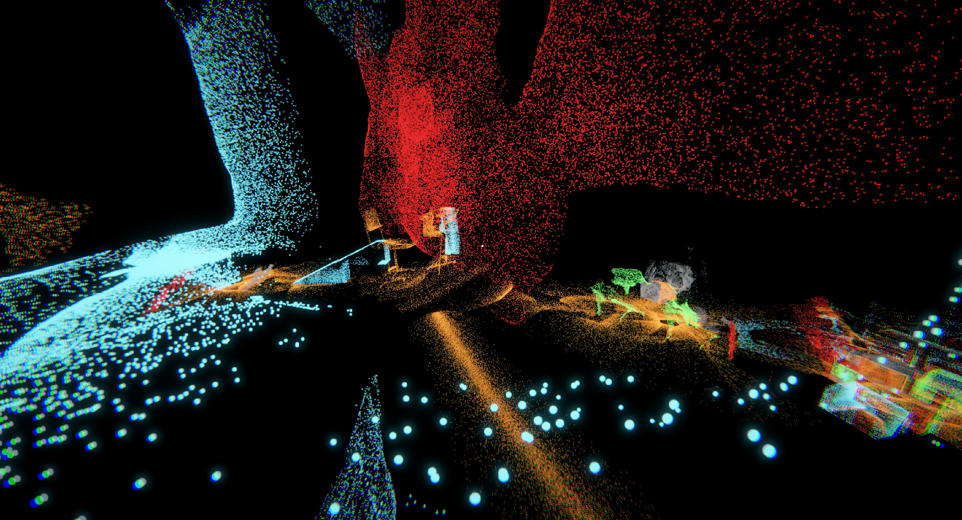 Gameplay from the interactive game, where various dots represent objects in space, which is otherwise in the void.